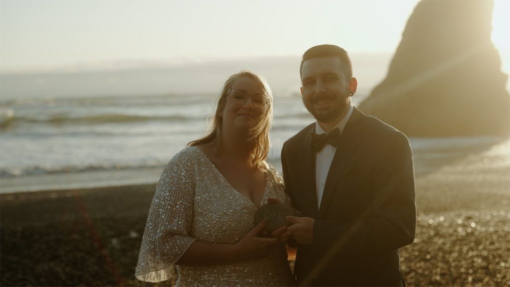 Elopement at Olympic National Park beach captured by wedding videographer, Alesia Films
