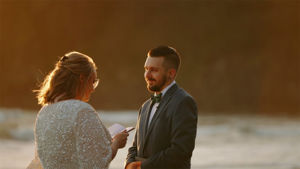 Vows ceremony at Olympic National Park beach filmed by Oregon elopement videographer, Alesia Films
