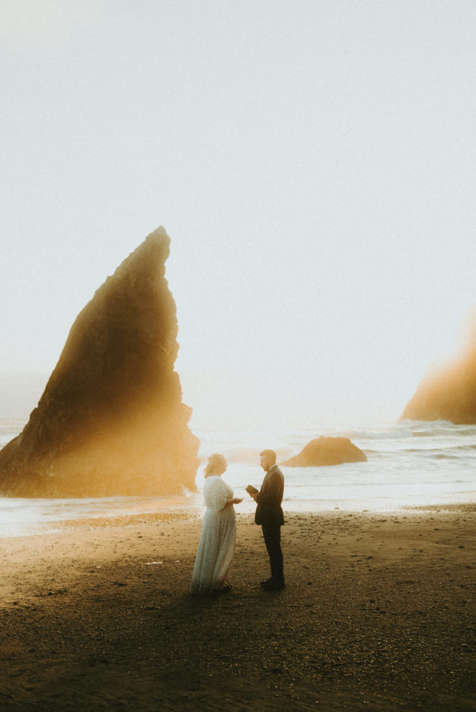 golden hour elopement at Olympic National Park beach filmed by destination elopement videographer, Alesia Films