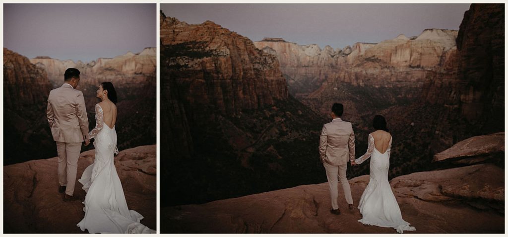 Portraits of couple arriving at Zion Canyon Overlook preparing for their sunrise elopement