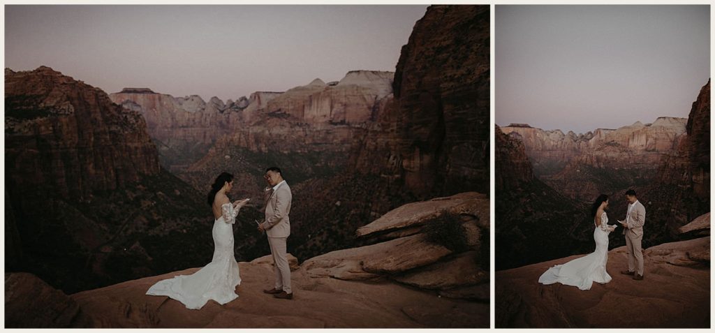 Candid photos of a couple exchanging vows at for their sunrise elopement at Zion National Park