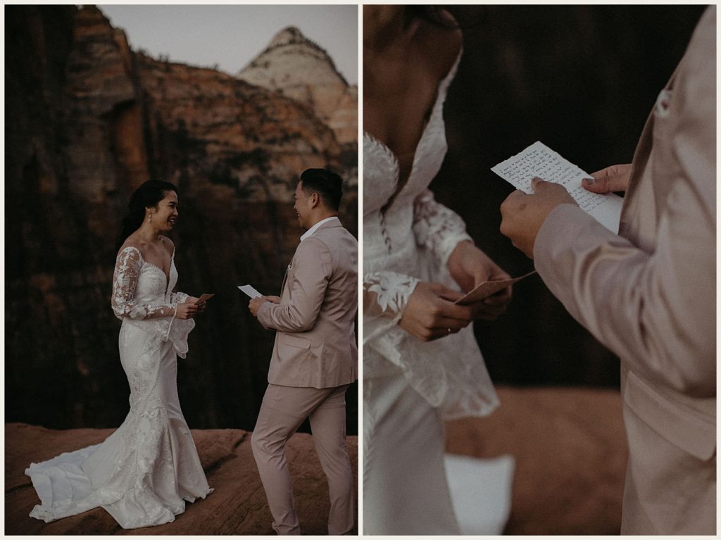 Up-close shots of a couple exchanging vows for their sunrise elopement at the Zion Canyon Overlook