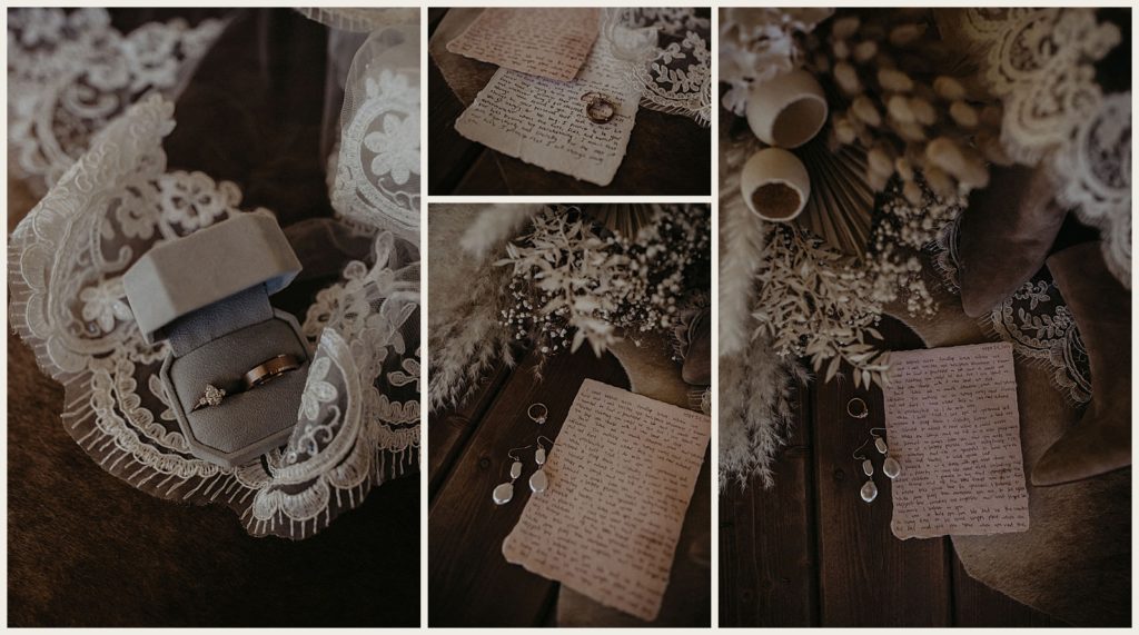 Detail and flatlay shots of a couple's vows and rings before filming their Zion National Park sunrise elopement