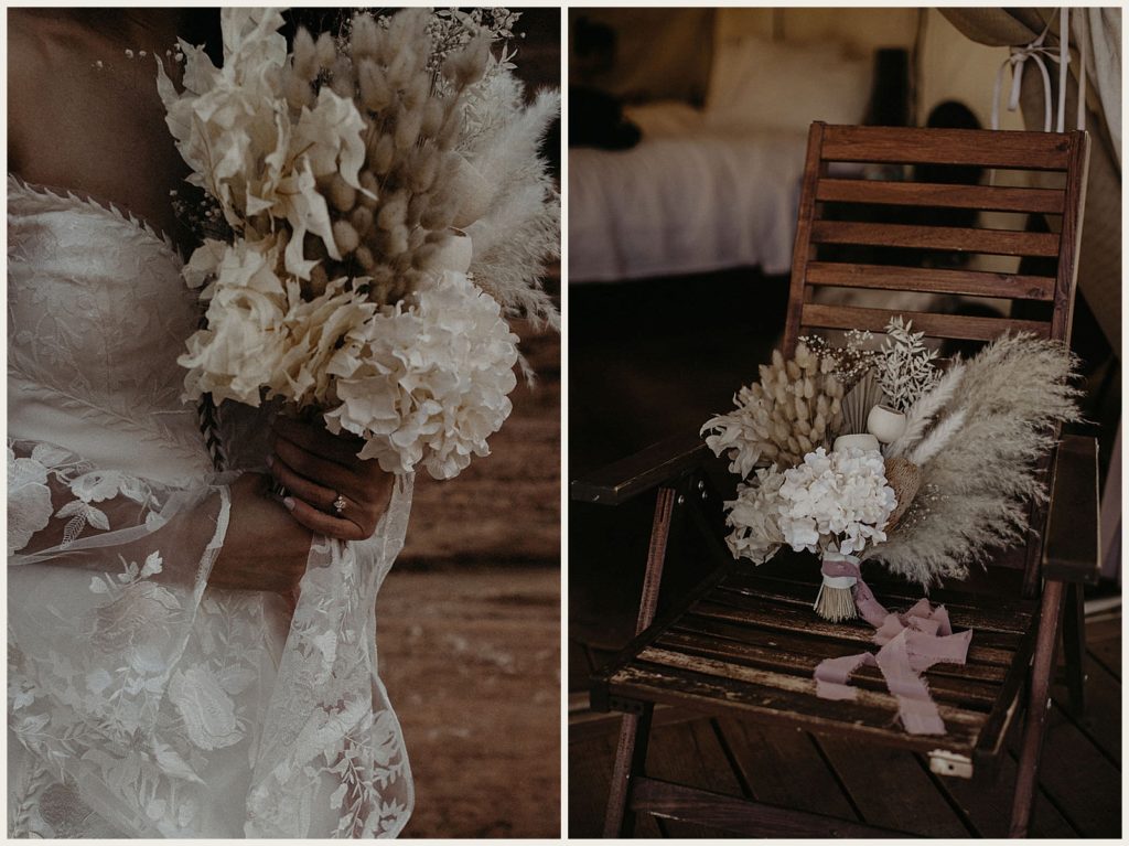 Up-close images of bride's floral bouquet tied with ribbon before her sunrise elopement filmed at Zion National Park