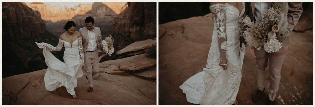 Candid moments of a couple after their sunrise elopement filmed at Zion National Park