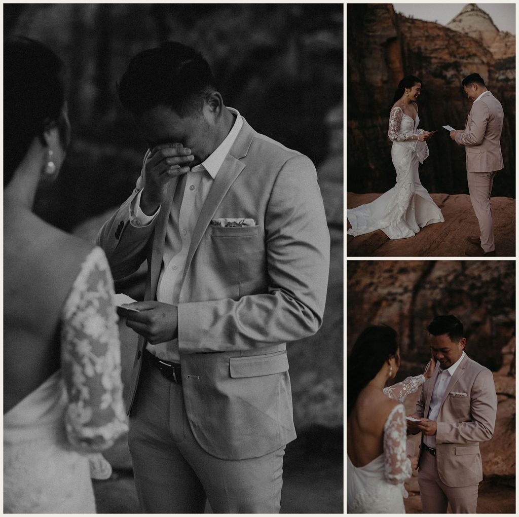 Emotional groom exchanging vows to bride at Zion sunrise elopement