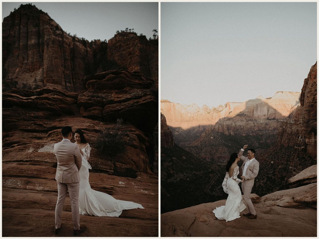 Candid portraits of bride and groom between filming for their Zion sunrise elopement
