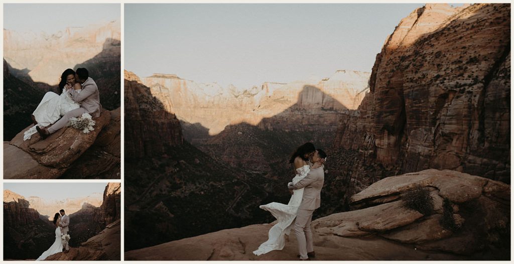 Portraits of a newlywed couple after their sunrise elopement filmed at Zion National Park