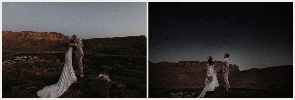 Portraits of newlywed couple surrounded by stars above after their elopement filmed at Zion National Park