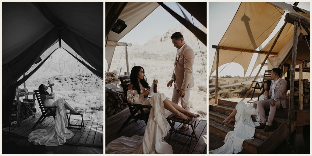 collage of couple resting at their Zion glamping tent after their sunrise elopement film