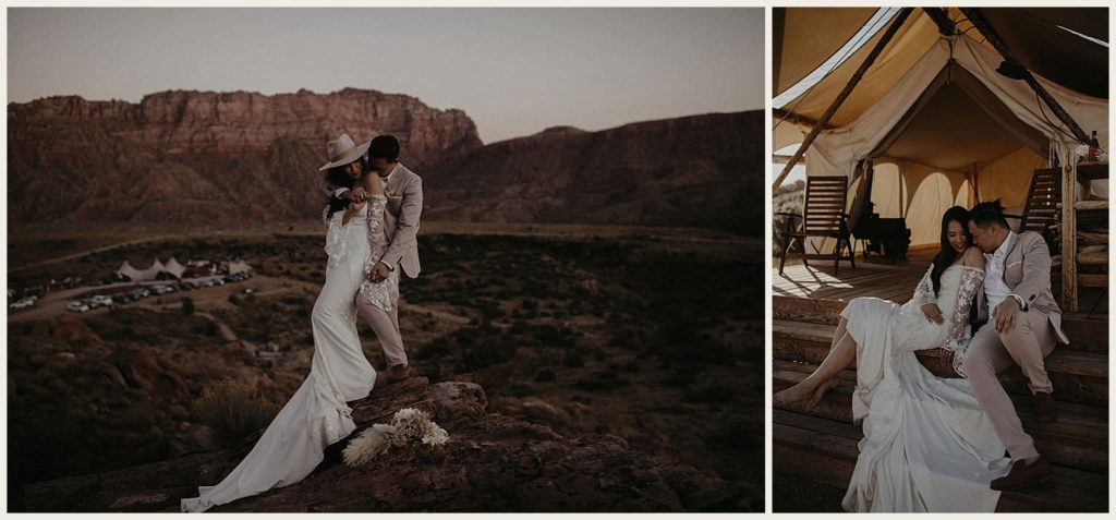 Collage of groom kissing his new bride on her shoulder after their Zion sunrise elopement