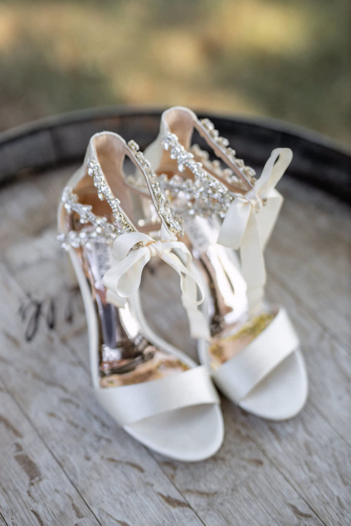 Detail shot of bride's heels at Domaine de Broglie summer elopement