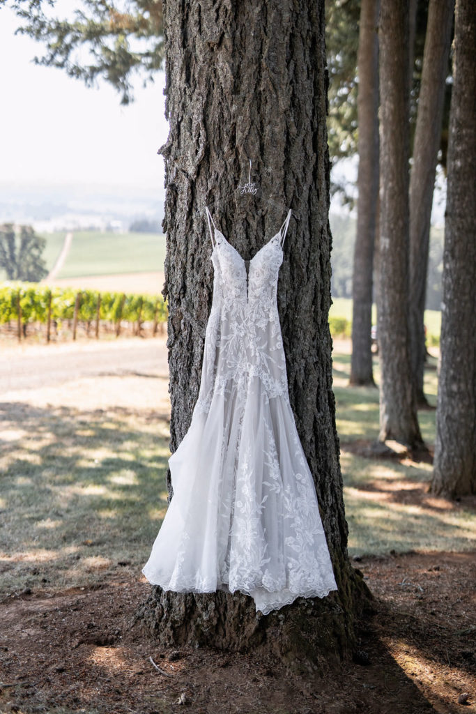 Bride's dress hanging on tree at Domaine de Broglie summer elopement