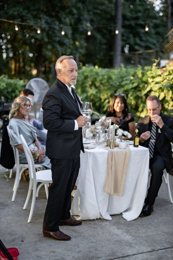 Father of bride toast at winery summer elopement at Domaine de Broglie in Dayton, Oregon