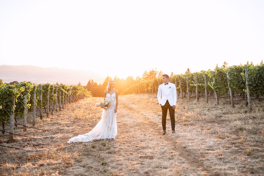 Golden hour portrait of newlyweds at Domaine de Broglie winery summer elopement in Dayton, Oregon
