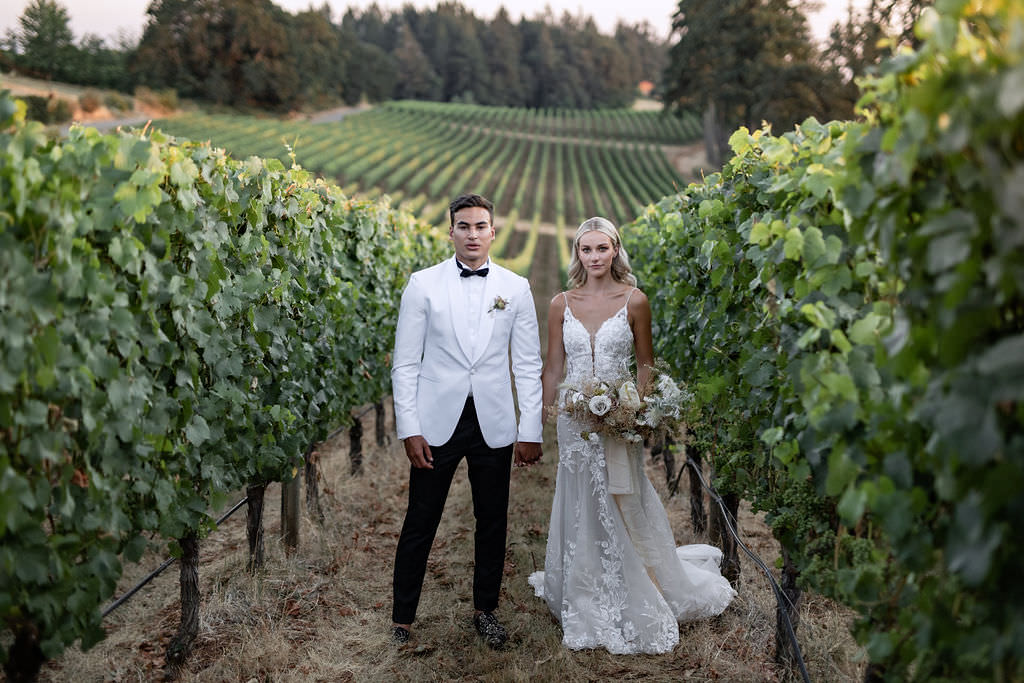 Bride and groom portrait at Domaine de Broglie vineyard for their winery summer elopement in Dayton, Oregon
