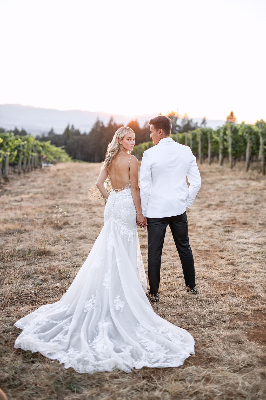 newlywed golden hour portrait at oregon winery in summer