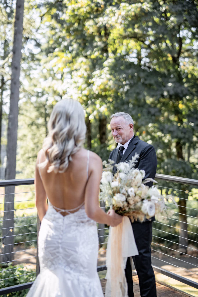 First look with father of bride at Oregon vineyard elopement 83