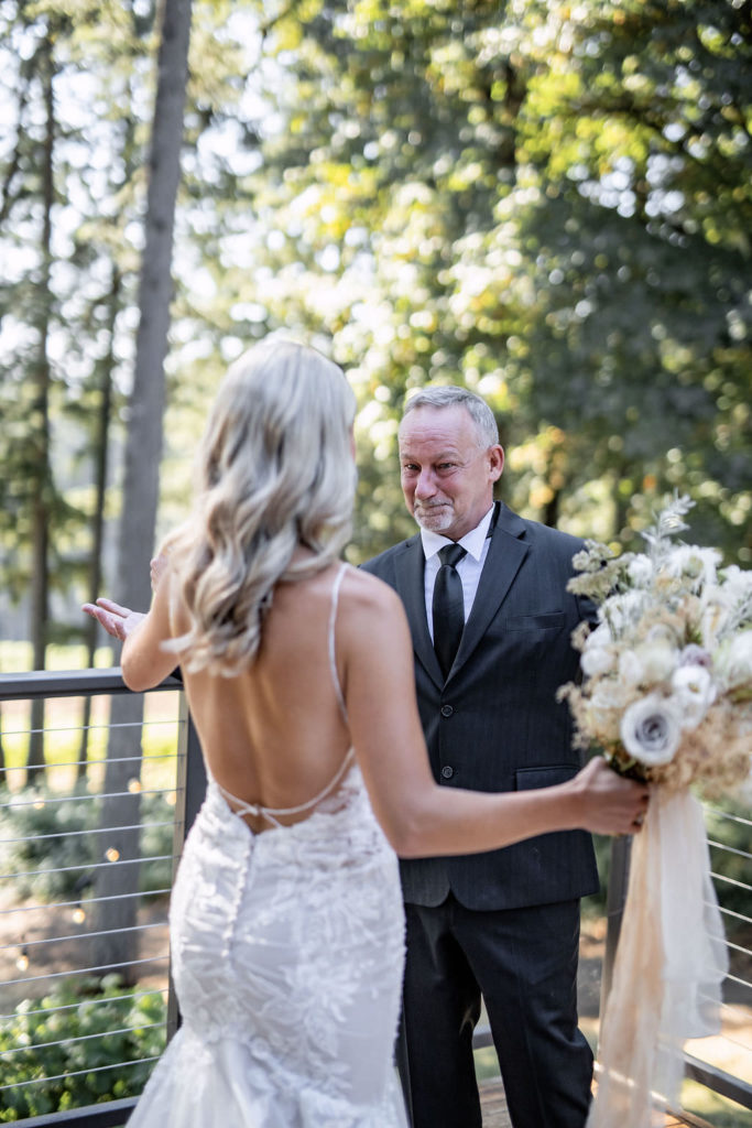 first look with father of bride at oregon winery elopement