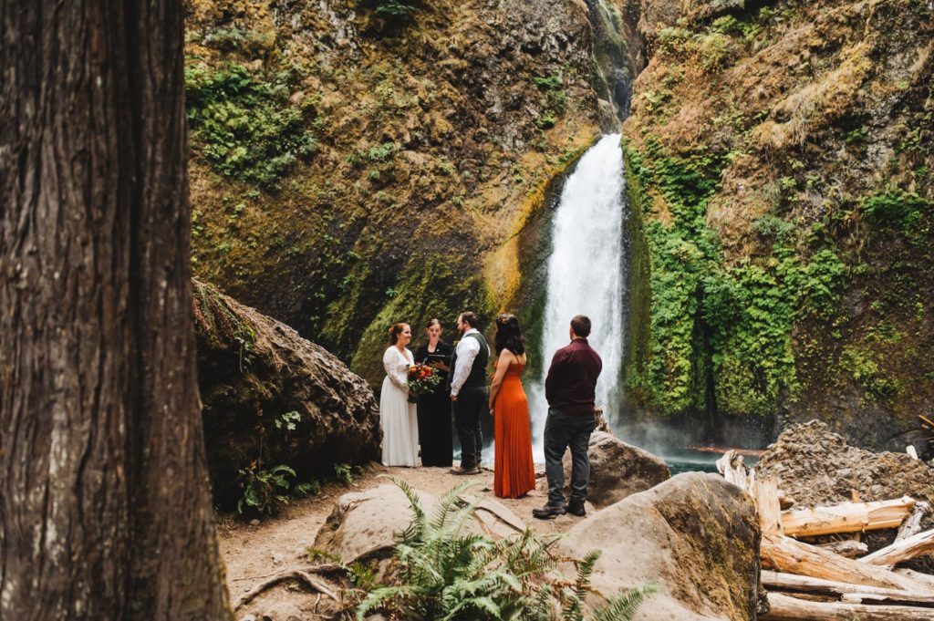 family in front of waterfall watching an elopement
