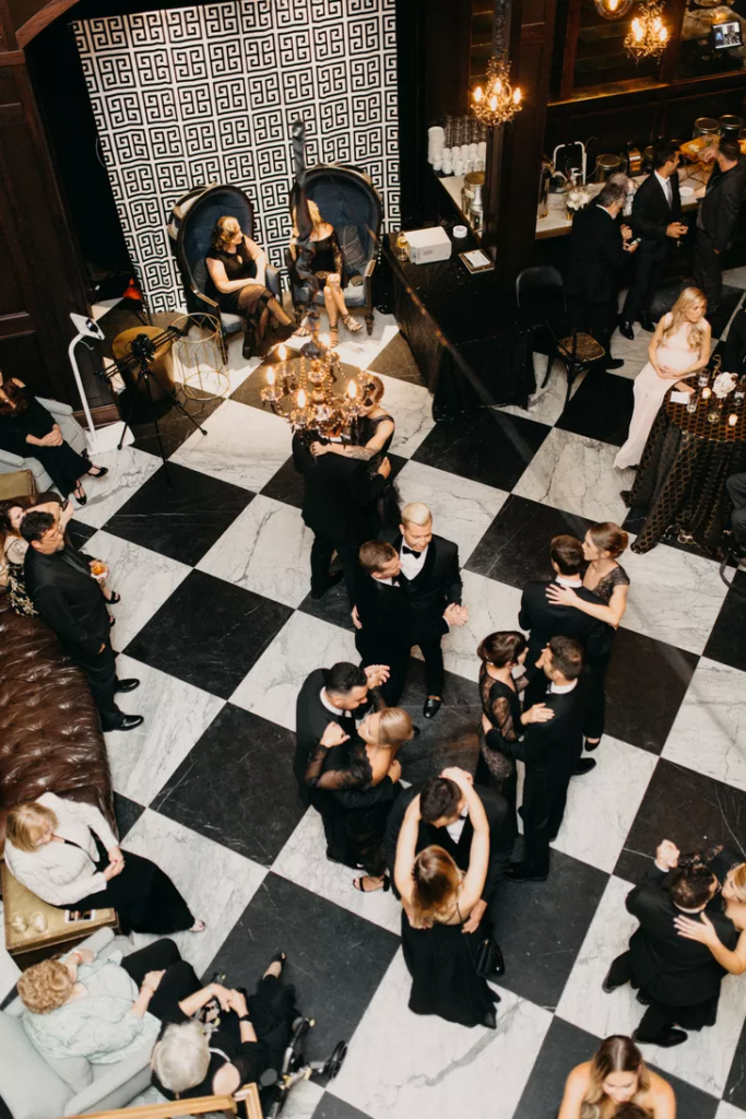 black and white checkered wedding dance floor
