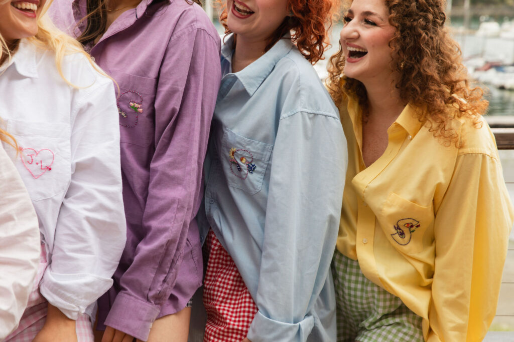 Colorful bridal party getting ready for Orcas Island wedding