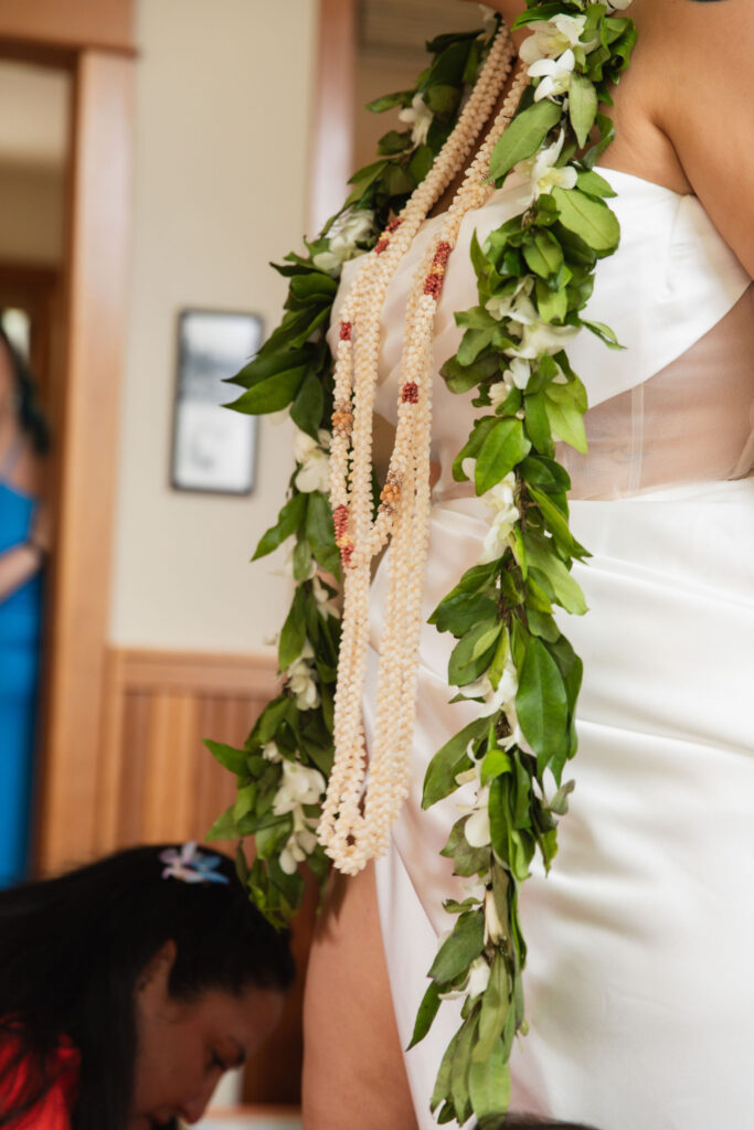 Traditional Hawaiian accessories on Orcas Island wedding bride