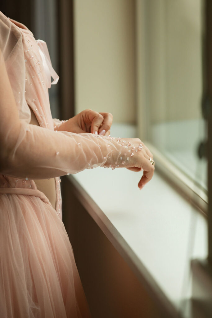 Pink beaded bridal gown at Orcas Island wedding