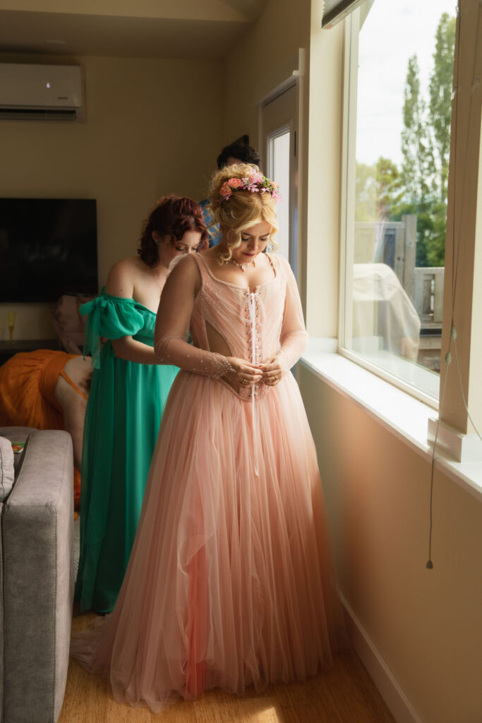 Pink beaded bridal gown at Orcas Island wedding