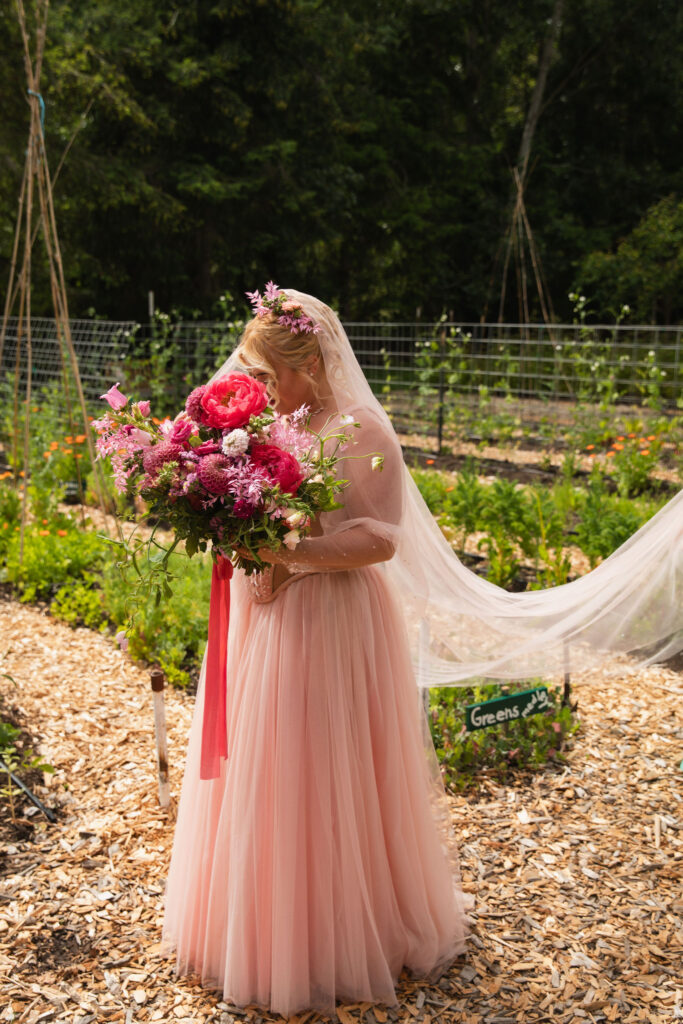 Pink beaded bridal gown at Orcas Island wedding