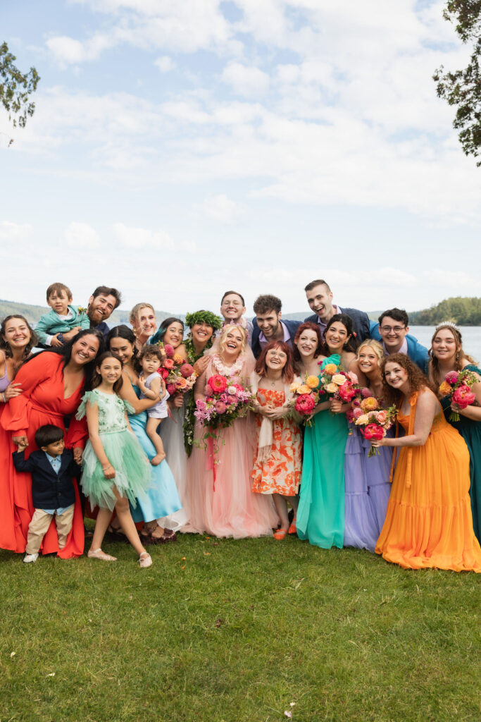 colorful group photo at fairytale Orcas Island wedding