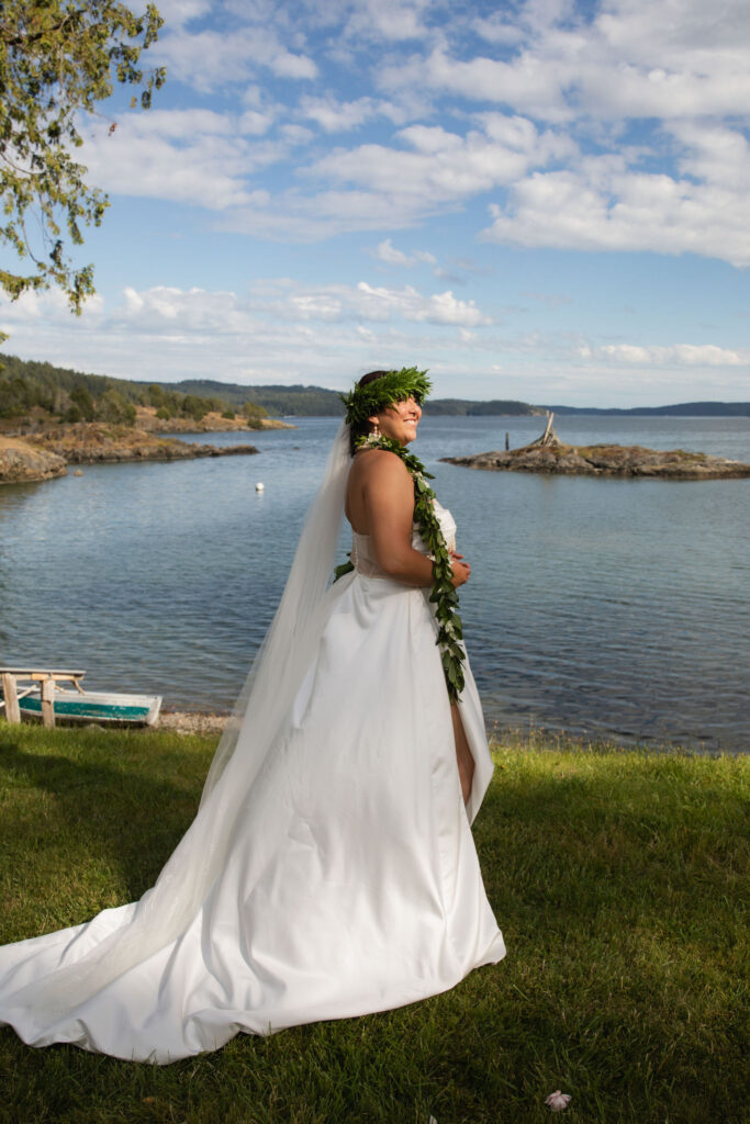 Traditional Hawaiian accessories on Orcas Island wedding bride