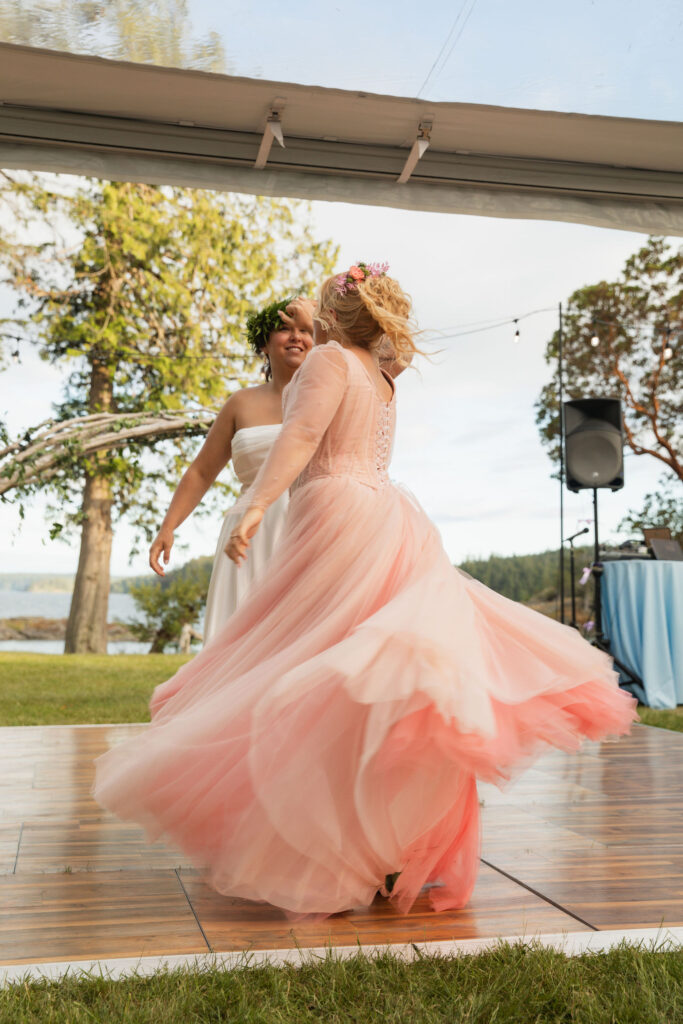 First dance with flowy pink bridal gown at Orcas Island wedding