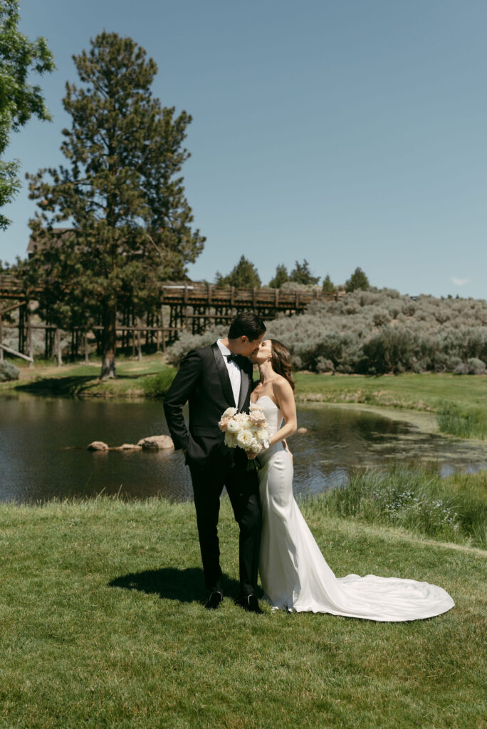 Romantic bridal portrait beside pond in Bend, OR