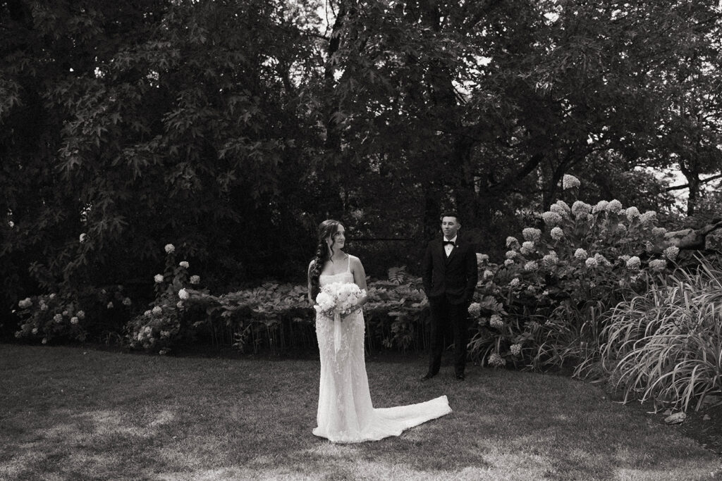 Bride and groom preparing for romantic Griffin House wedding first look