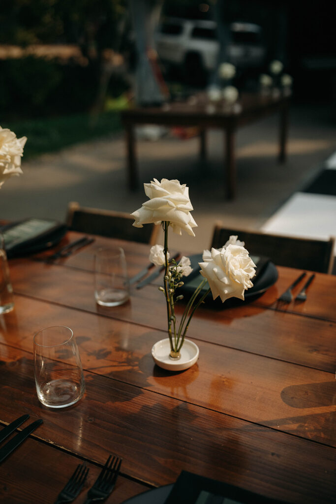 simple, elegant white flower centerpiece at romantic Griffin House wedding