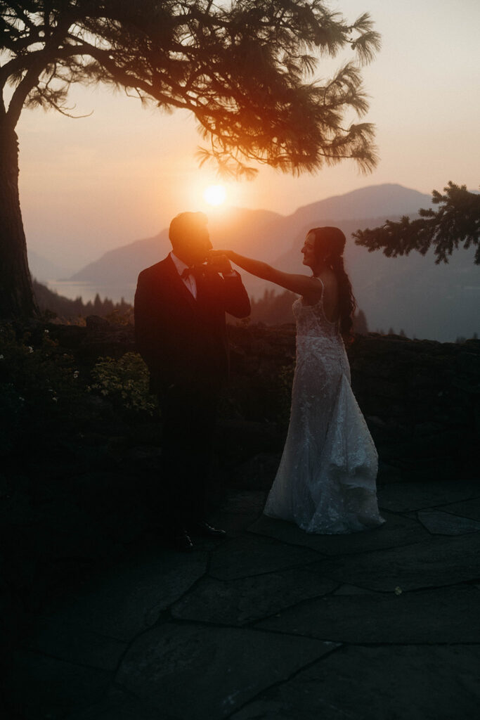 romantic bridal portrait during Hood River golden hour