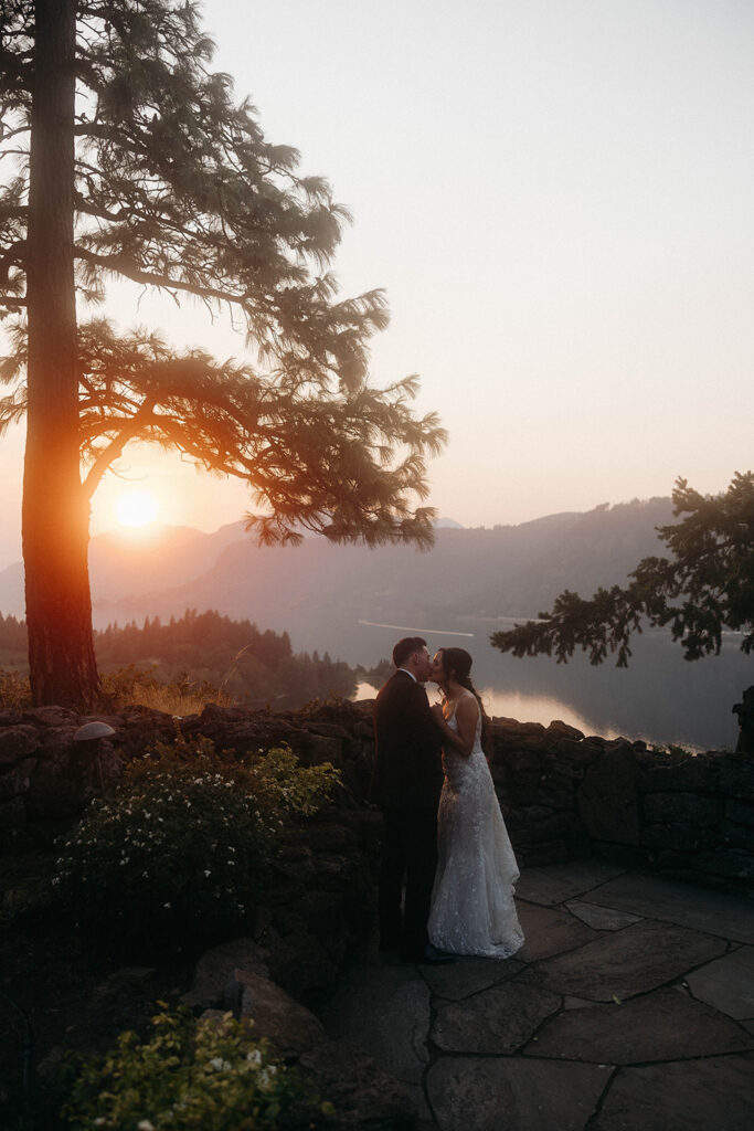 Romantic Griffin House wedding bride and groom sunset portrait