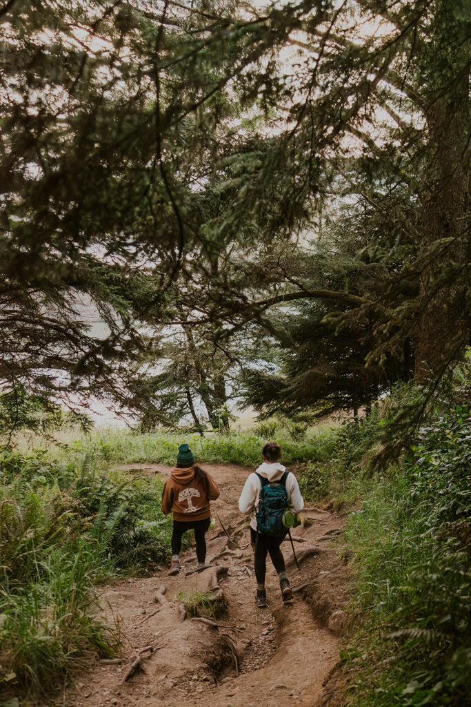 Sunrise hike through the woods before redwoods California wedding