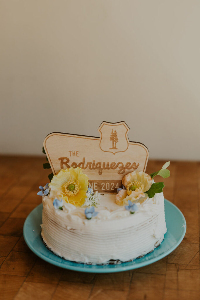 Simple, personalized wedding cake for redwoods California wedding