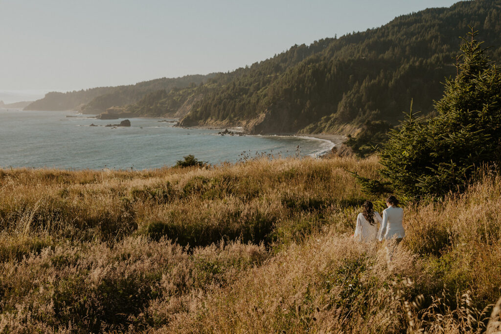 Sunset portrait of two brides looking out at the Pacific ocean