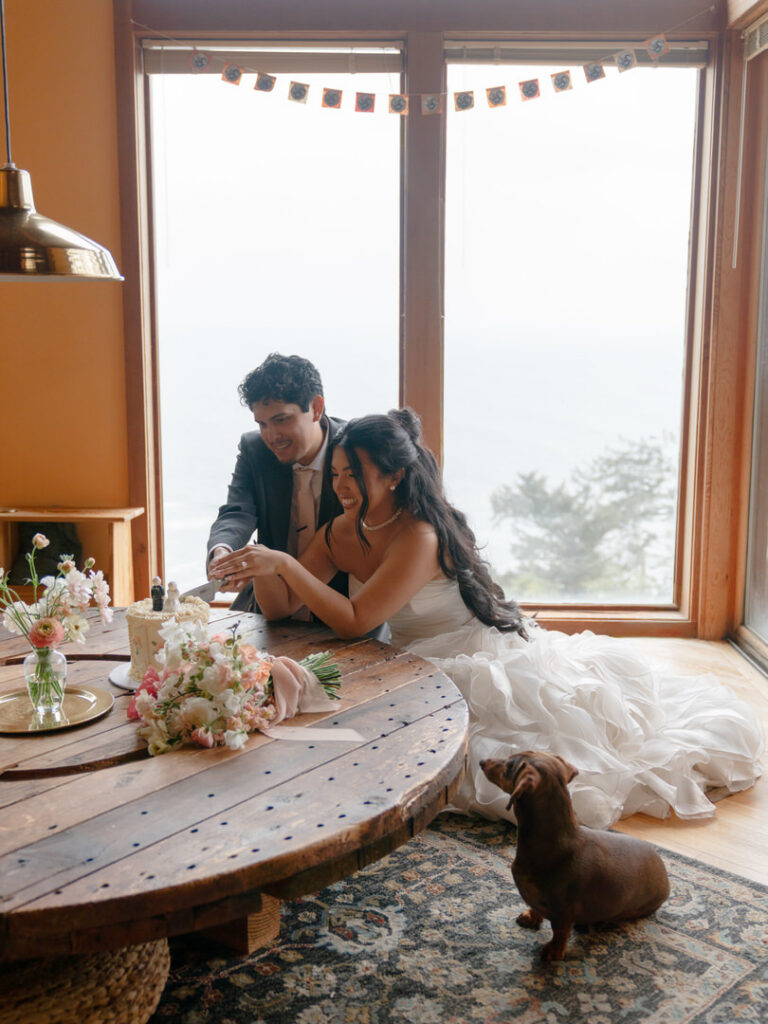 couple and dog cutting their wedding cake
