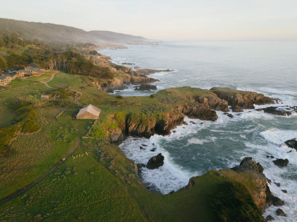 Aerial view of Sea Ranch Lodge on the rugged California coastline.