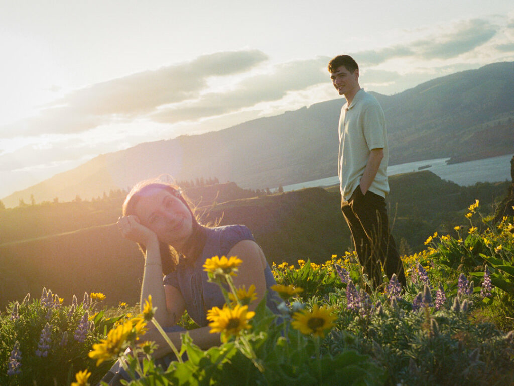 Golden hour light during Rowena Crest wildflower engagement photo session.